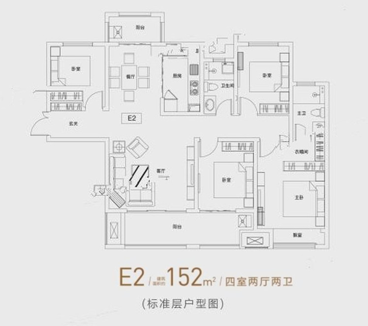 洛陽建業貳号城邦E戶型四室兩廳兩衛152平方戶型圖